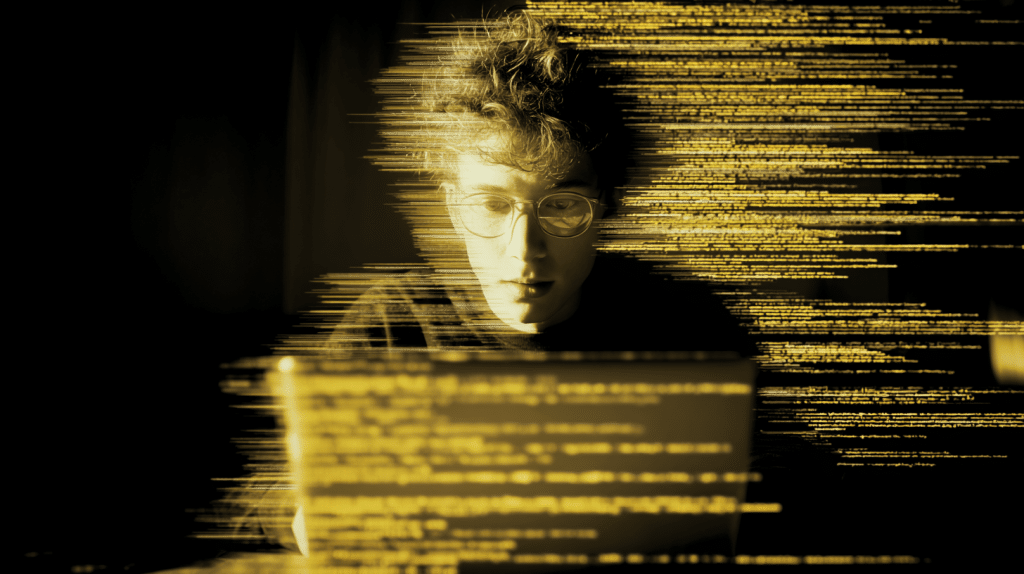 focused coder working on web software development on laptop at night.