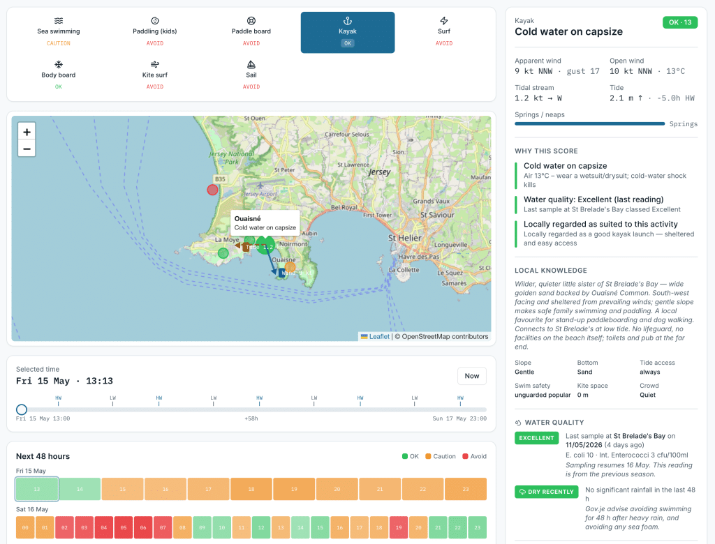 jersey beach safety forecast app showing wind, tide, and water quality data